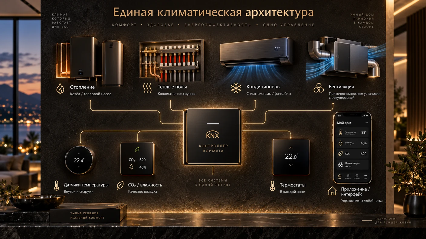 Схема единой климатической архитектуры дома с отоплением, тёплыми полами, кондиционерами, вентиляцией, датчиками и приложением