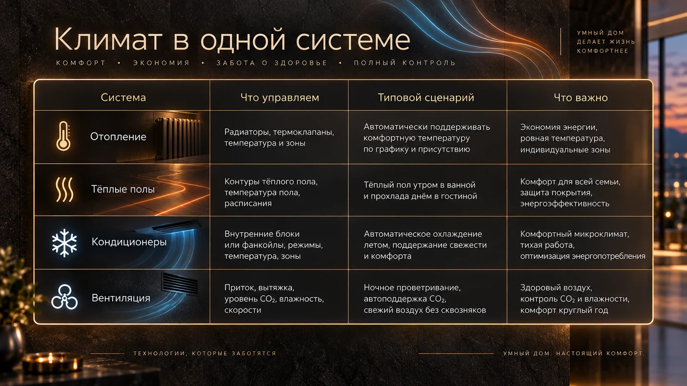 Графическая таблица управления отоплением, тёплыми полами, кондиционерами и вентиляцией в единой климатической системе