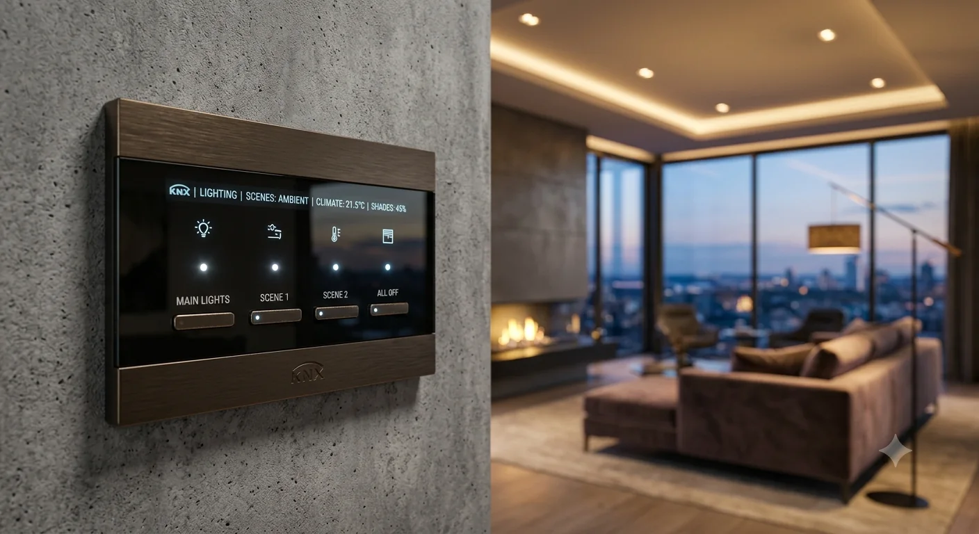 Премиальная настенная панель управления KNX в современном интерьере