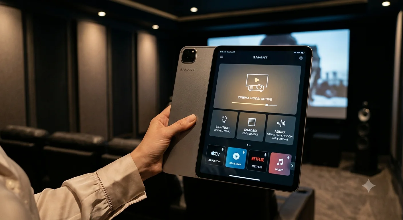 Премиальный интерфейс управления Savant Pro на iPad в домашнем кинотеатре