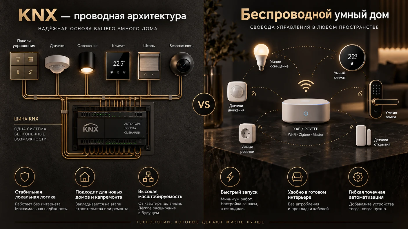 Визуальное сравнение проводной архитектуры KNX и беспроводных систем умного дома