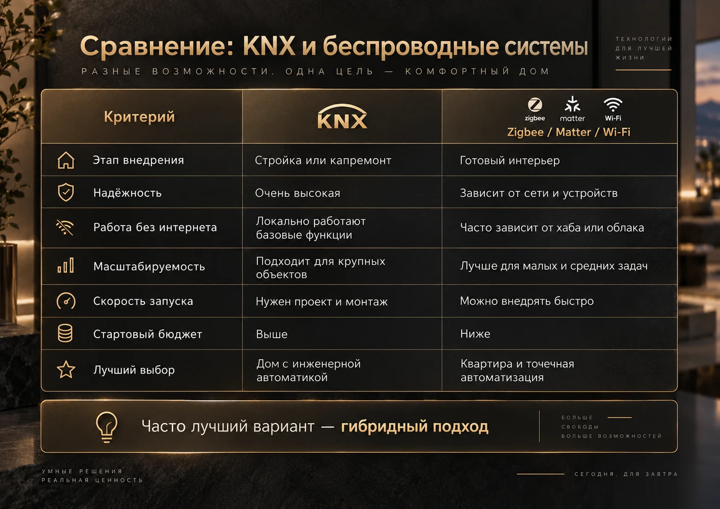 Графическая таблица сравнения KNX, Zigbee, Matter и Wi-Fi