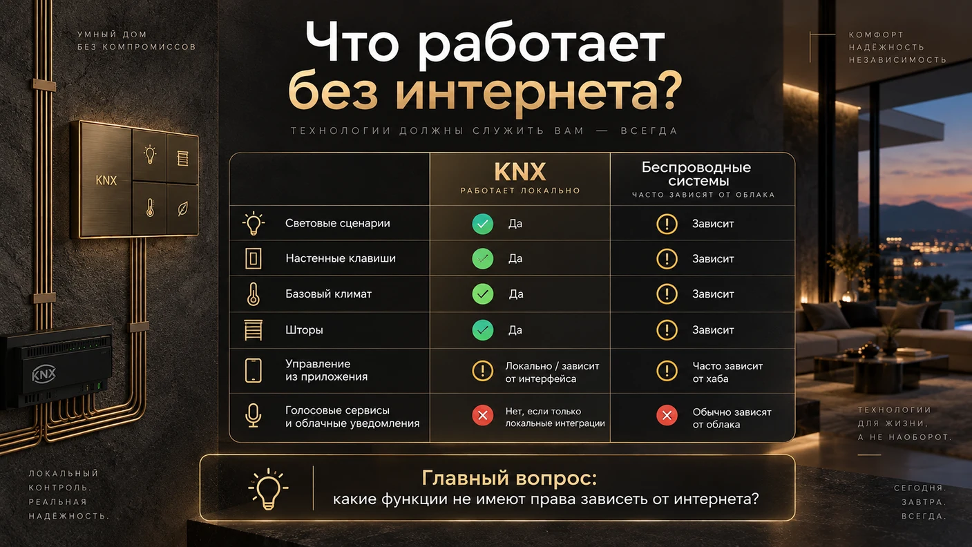 Сравнение того, что работает без интернета в KNX и в беспроводных системах