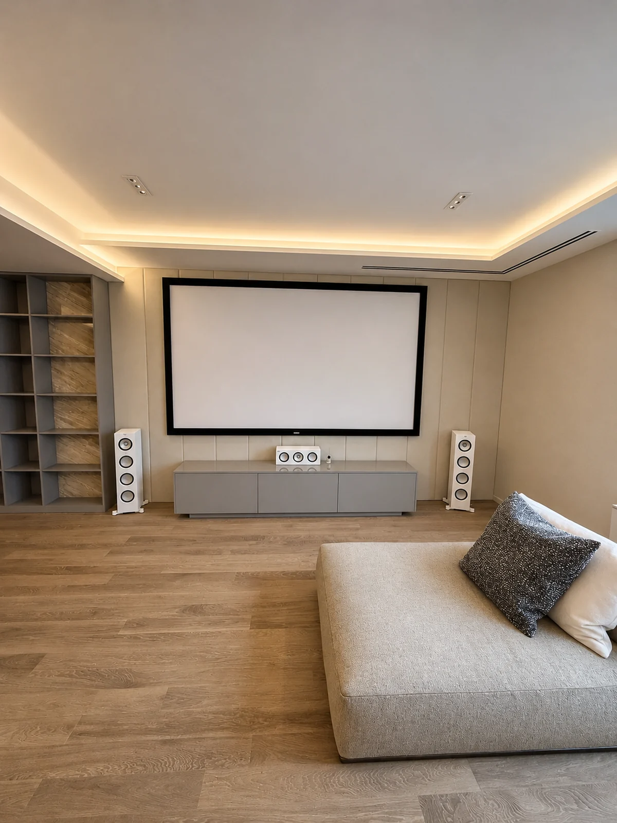 Living room home theater with large screen